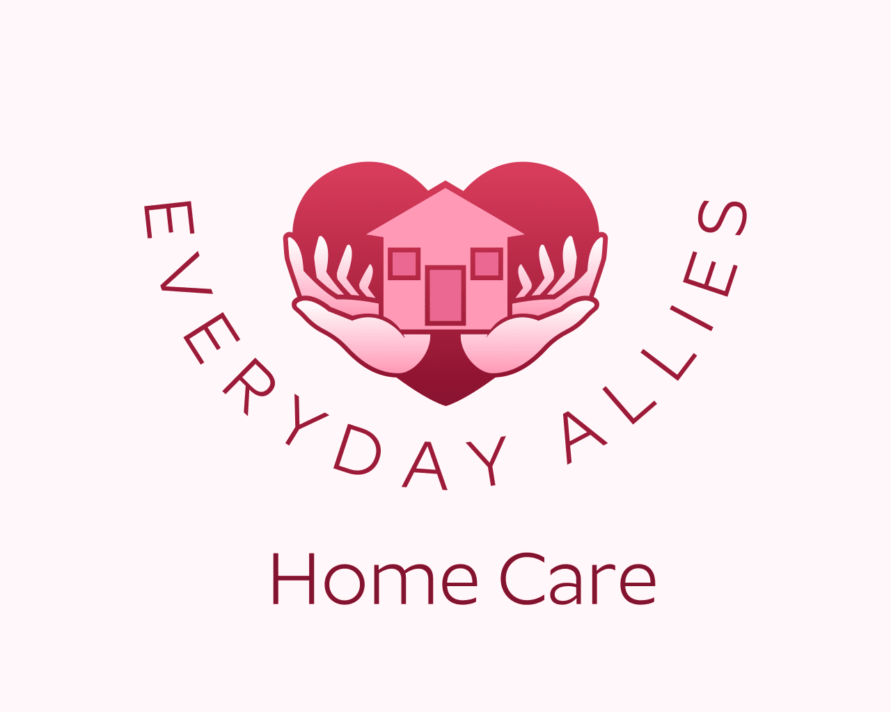 Logo for Everyday Allies Home Care featuring hands holding a house inside a heart.