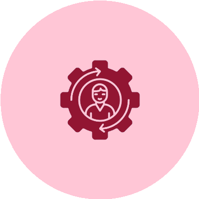 Icon of a worker inside a gear symbol on a pink background.