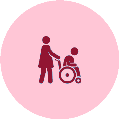 Icon showing a person assisting another in a wheelchair on a pink background.