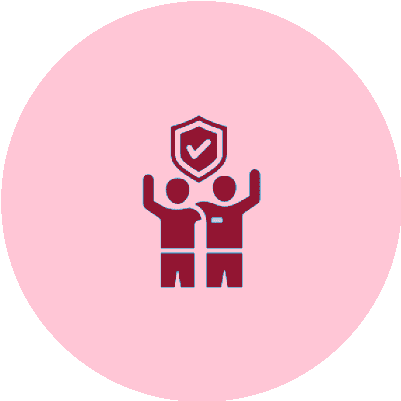 Two people with a shield symbolizing security and protection.