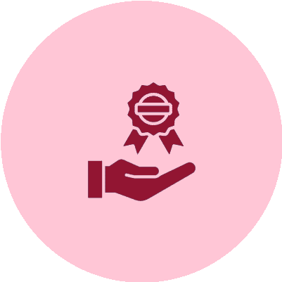 A hand holding a badge with a ribbon symbolizing quality or achievement.