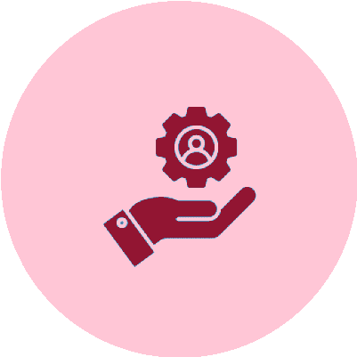 Hand holding a gear with a user icon inside on a pink background.