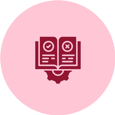Icon of a book with check and cross marks above a gear on a pink background.