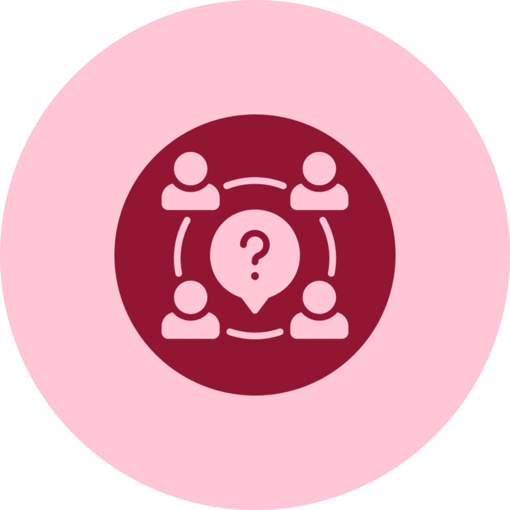 Four people connected by a circle with a question mark in the center.