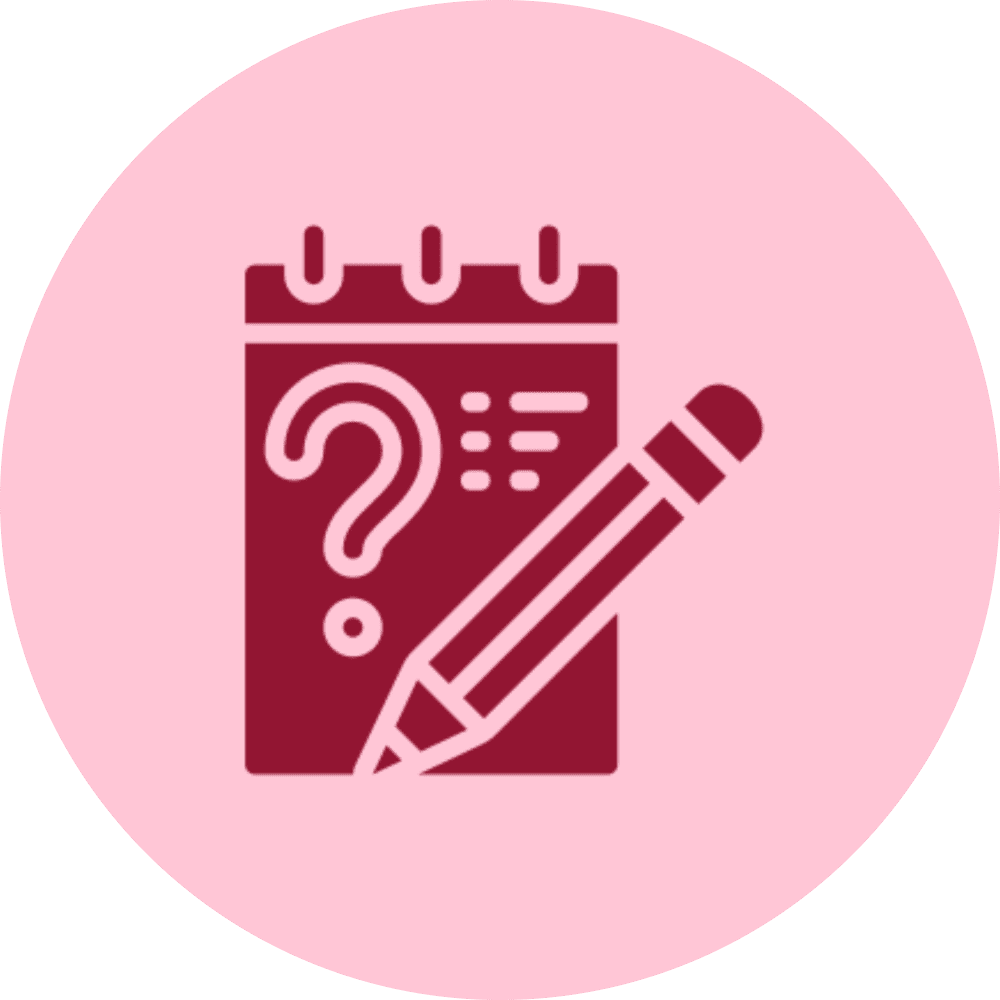 Icon of a calendar with a question mark and pencil on a pink background.