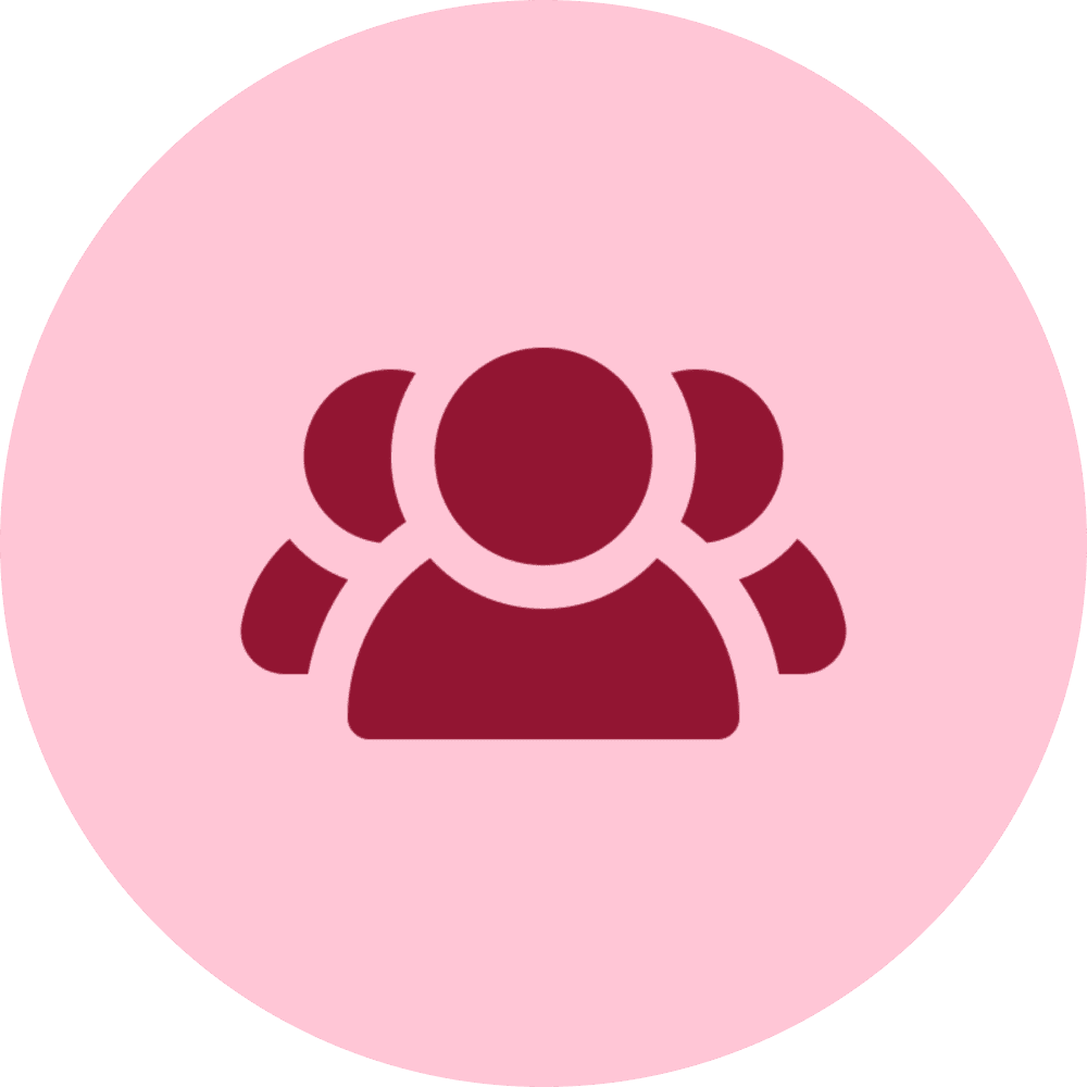 Icon of three people representing a group on a pink background.