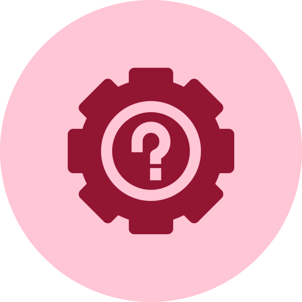 Maroon gear wheel with a question mark inside on a pink background.